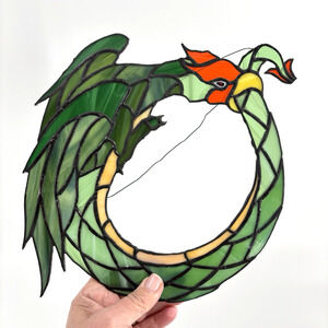 Dragon Fire Stained Colored Glass Red Green Suncatcher Bird Circle Wreath 12"